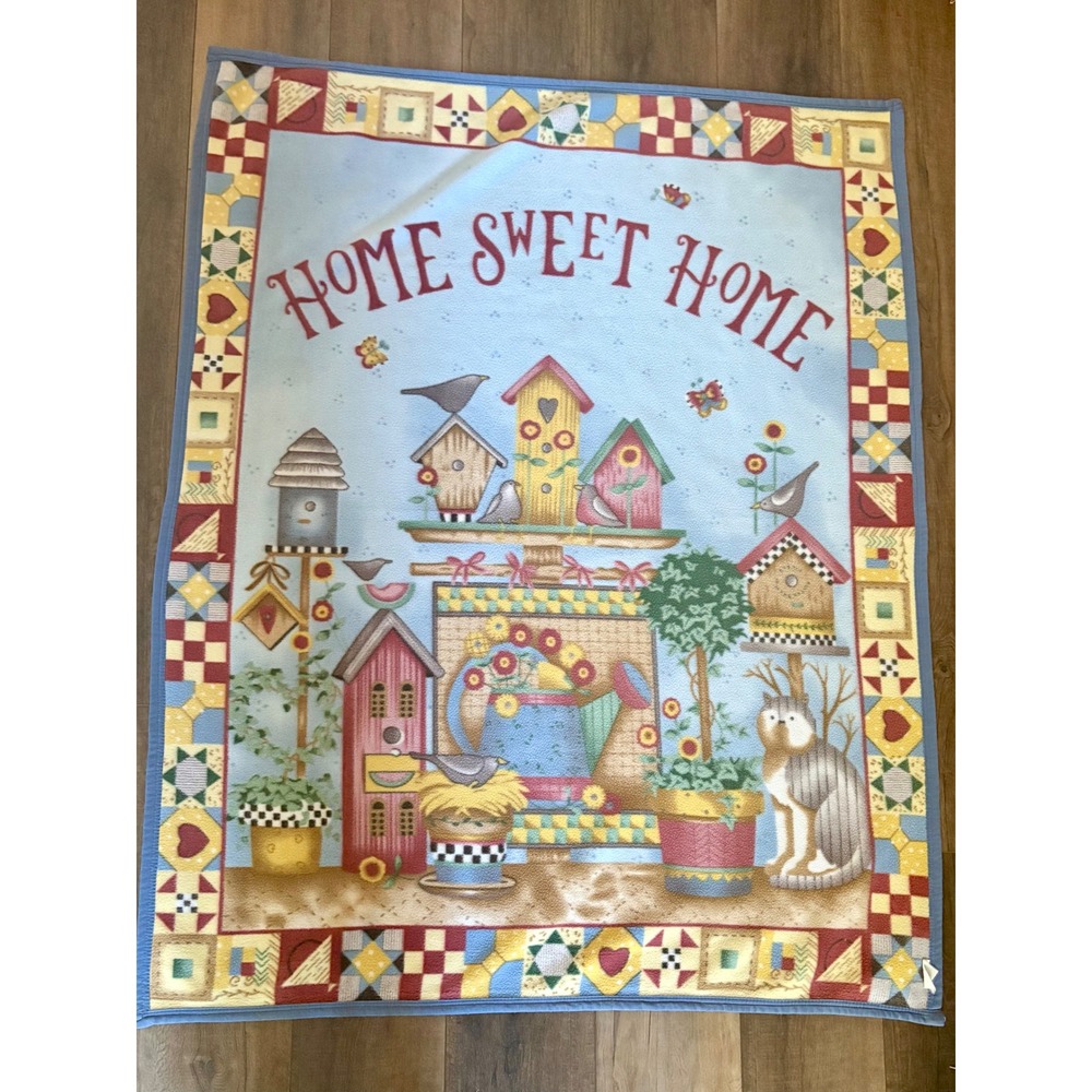 Debbie Mumm Home Sweet Home Fleece Throw Blanket 2004 Birdhouse Cat Folk Art VTG